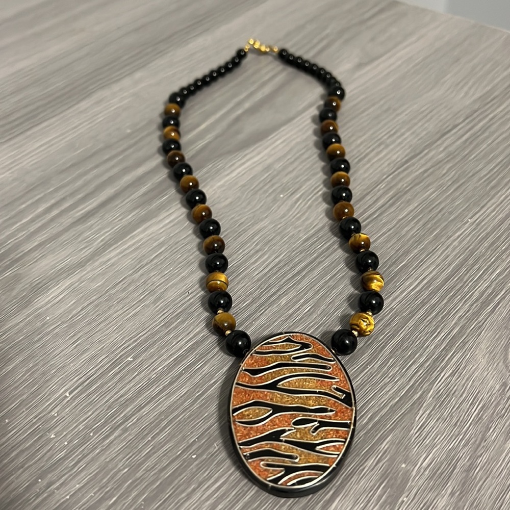 Vintage Tiger’s Eye Beaded Necklace with Tiger Pendant